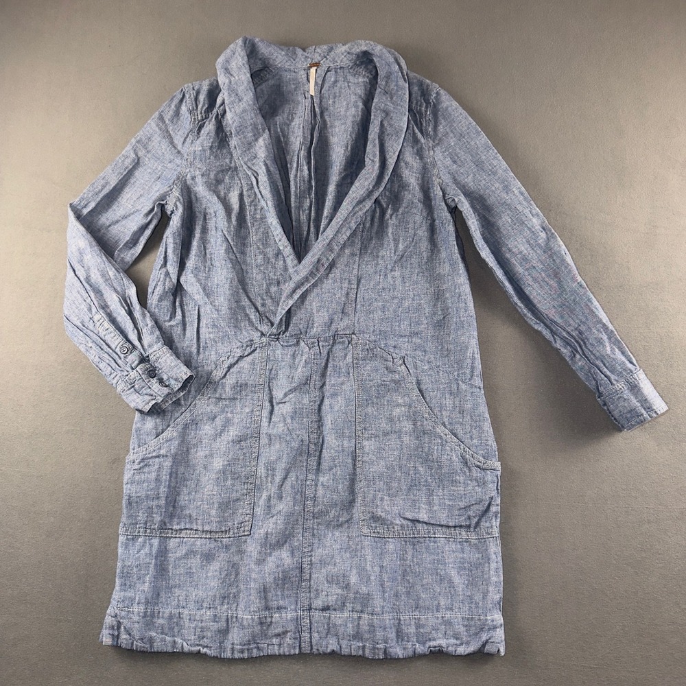 Free People Done Up Denim Mini Dress Blue Linen Blend Shift S